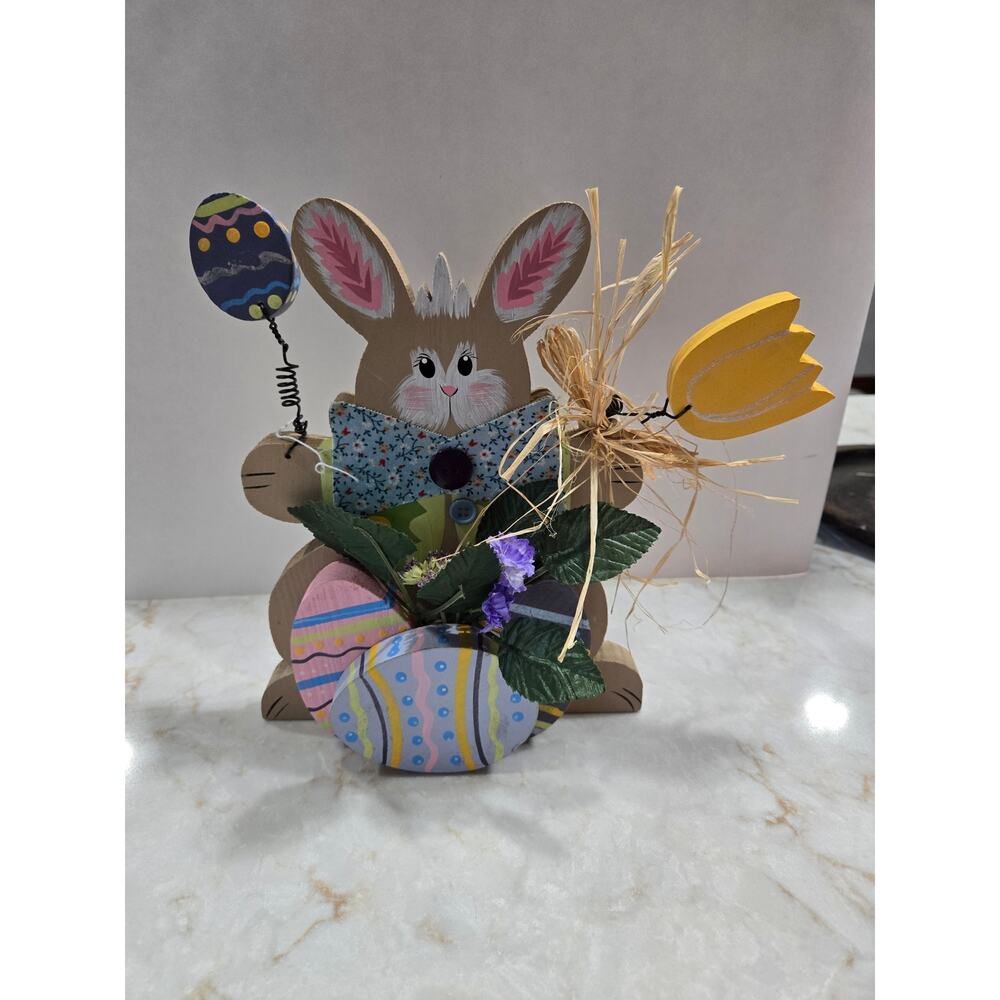3D Easter Rabbit Wood Cutout Flowers Eggs Holiday Decoration 9.25" Tall Colorful